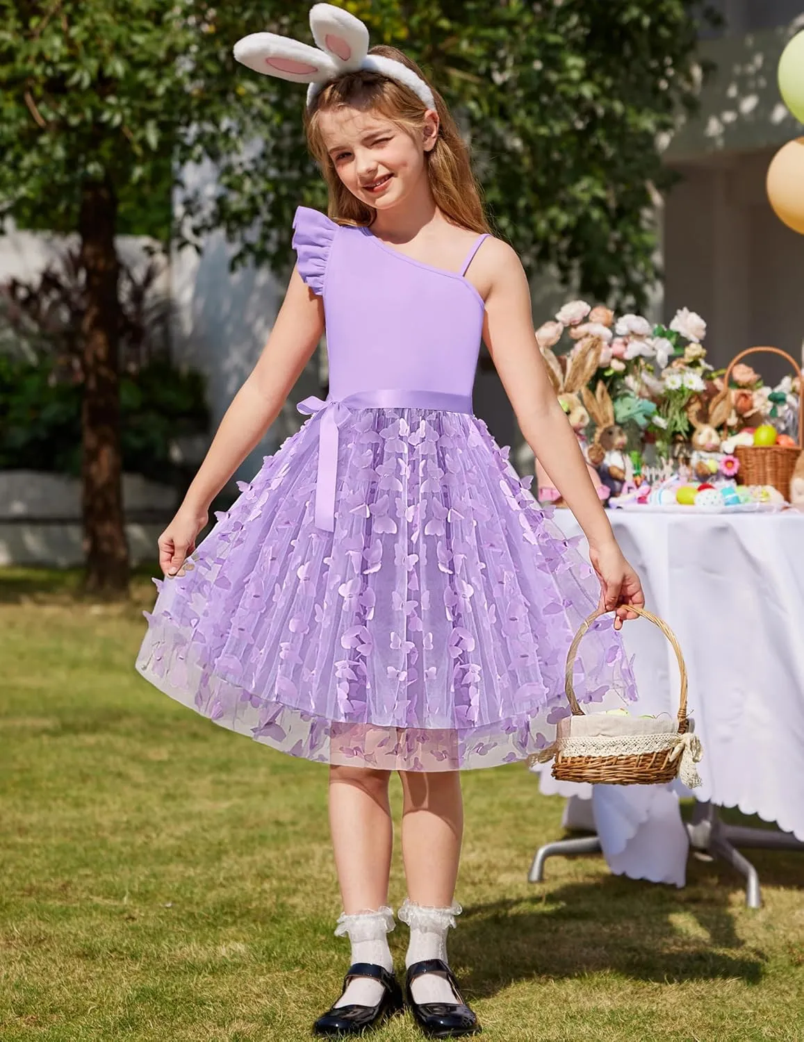 Arshiner Girls Dresses Summer One Shoulder Ruffle Sleeveless Formal Fancy Party Birthday Tulle Dress with Belted