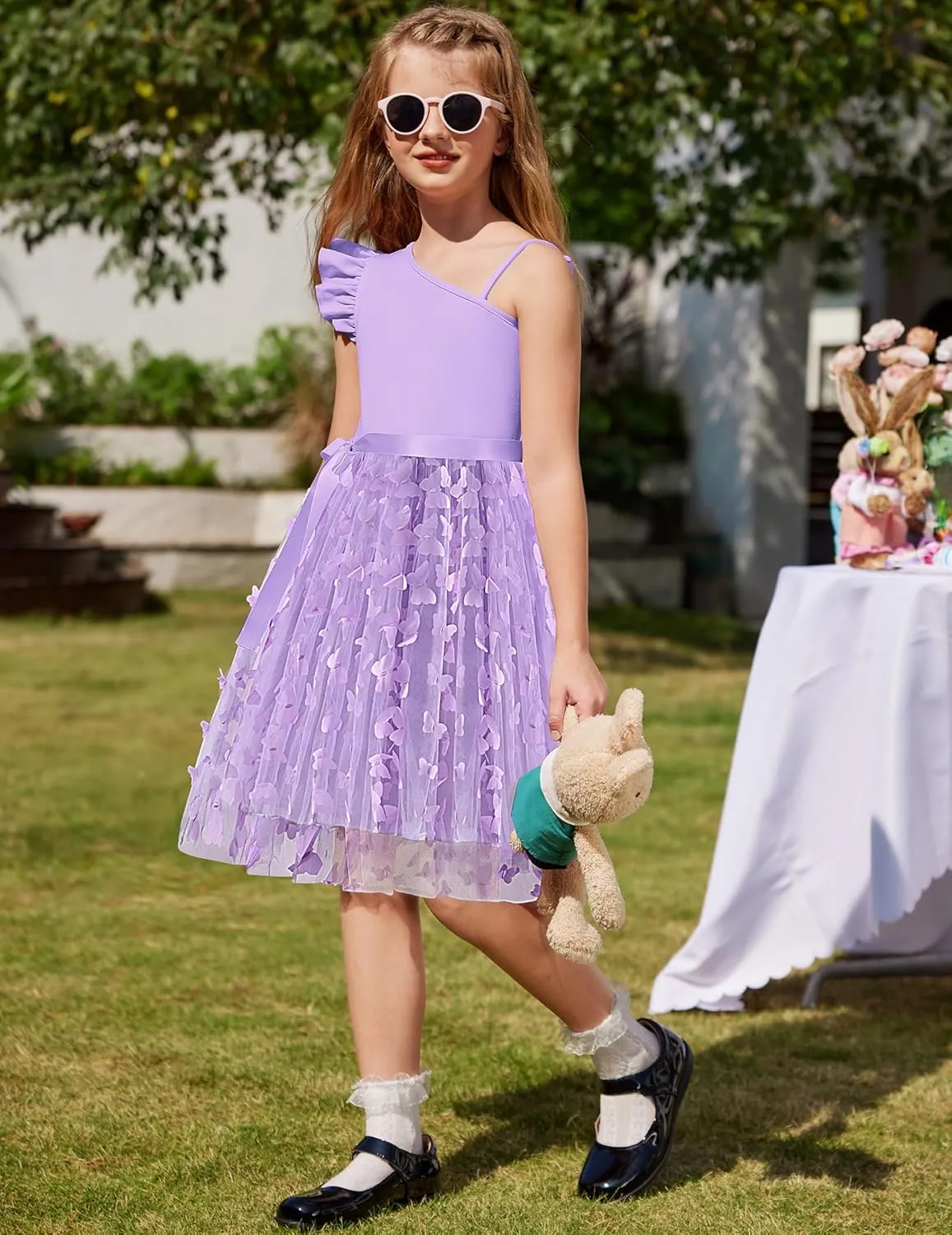 Arshiner Girls Dresses Summer One Shoulder Ruffle Sleeveless Formal Fancy Party Birthday Tulle Dress with Belted