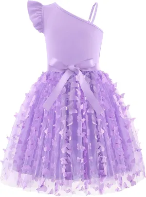 Arshiner Girls Dresses Summer One Shoulder Ruffle Sleeveless Formal Fancy Party Birthday Tulle Dress with Belted