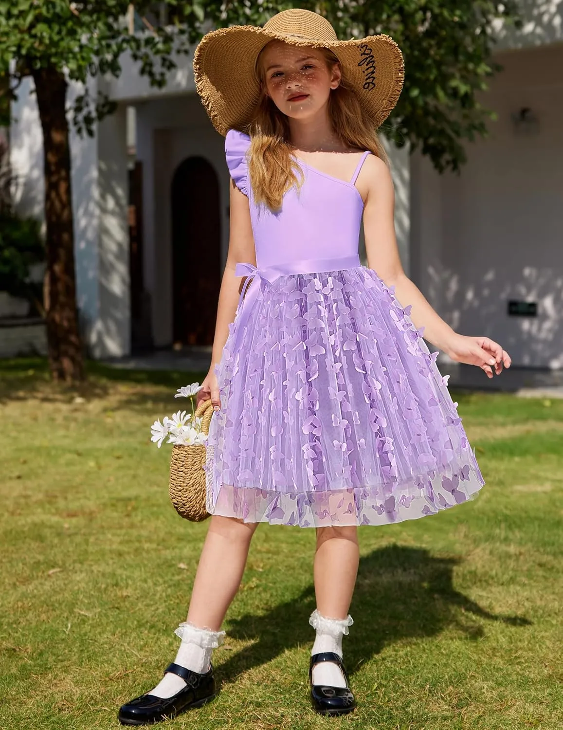 Arshiner Girls Dresses Summer One Shoulder Ruffle Sleeveless Formal Fancy Party Birthday Tulle Dress with Belted