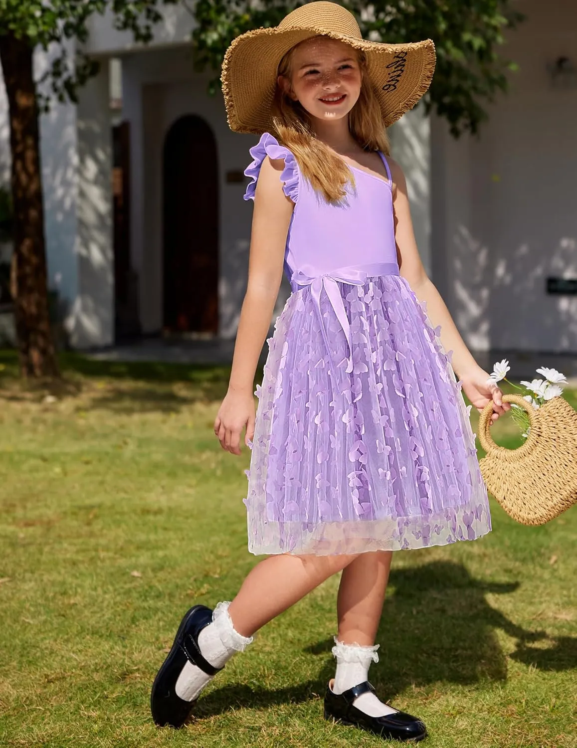 Arshiner Girls Dresses Summer One Shoulder Ruffle Sleeveless Formal Fancy Party Birthday Tulle Dress with Belted