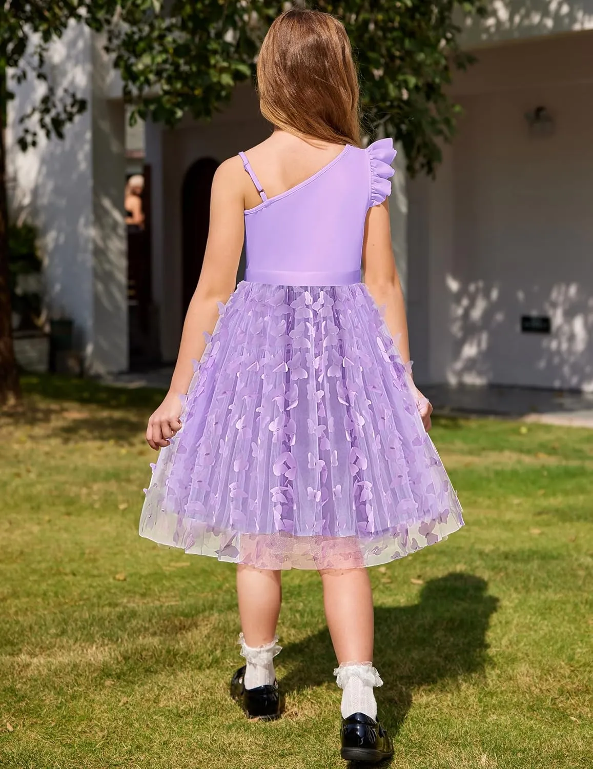 Arshiner Girls Dresses Summer One Shoulder Ruffle Sleeveless Formal Fancy Party Birthday Tulle Dress with Belted
