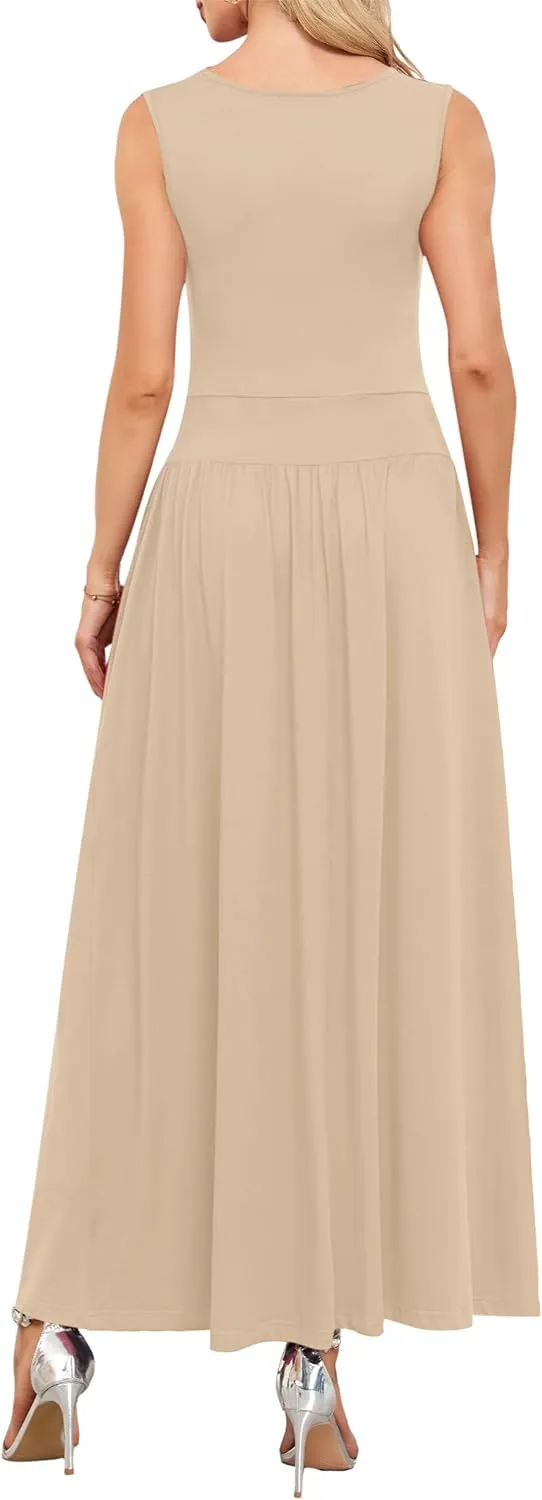 AUSELILY Womens Maxi Dress 2025 Summer Sleeveless Casual Slim Flowy Pleated Long Dresses with Pockets