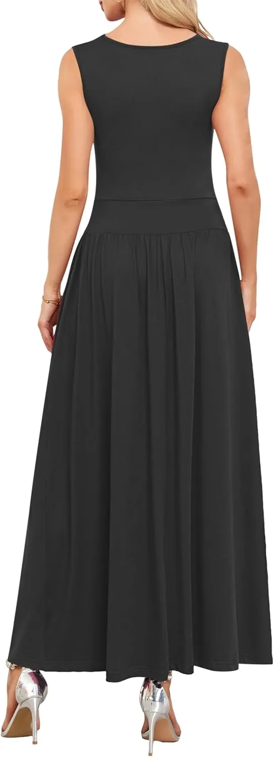 AUSELILY Womens Maxi Dress 2025 Summer Sleeveless Casual Slim Flowy Pleated Long Dresses with Pockets