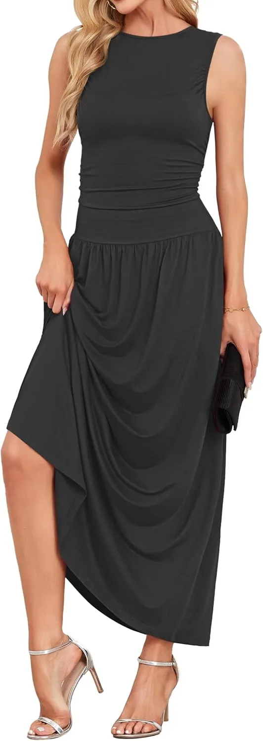 AUSELILY Womens Maxi Dress 2025 Summer Sleeveless Casual Slim Flowy Pleated Long Dresses with Pockets