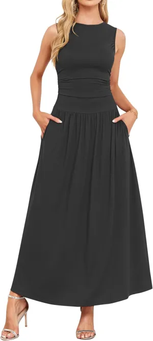 AUSELILY Womens Maxi Dress 2025 Summer Sleeveless Casual Slim Flowy Pleated Long Dresses with Pockets
