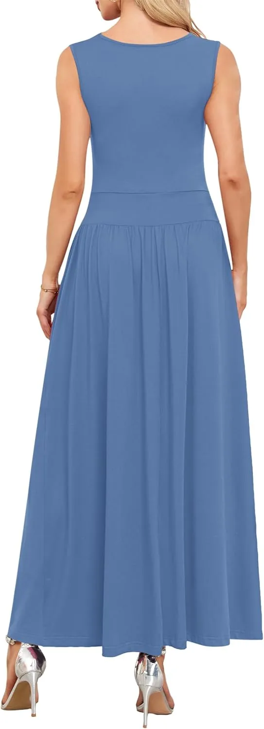 AUSELILY Womens Maxi Dress 2025 Summer Sleeveless Casual Slim Flowy Pleated Long Dresses with Pockets