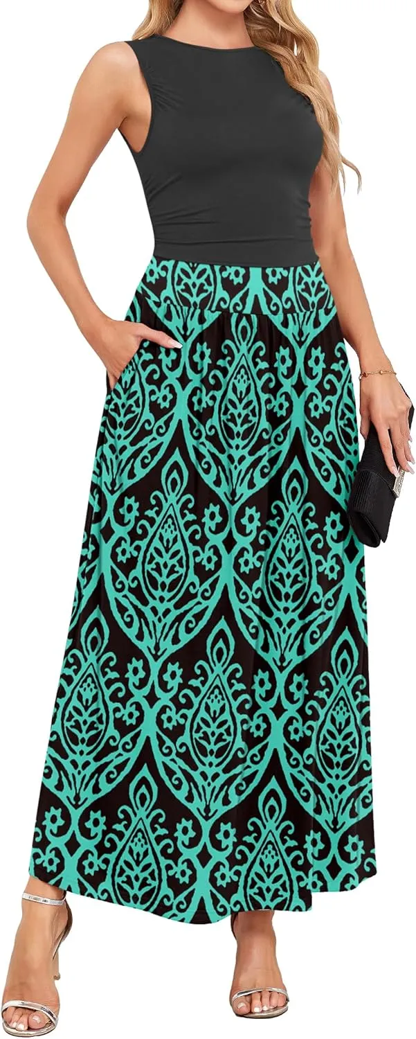 AUSELILY Womens Maxi Dress 2025 Summer Sleeveless Casual Slim Flowy Pleated Long Dresses with Pockets