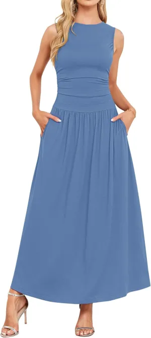 AUSELILY Womens Maxi Dress 2025 Summer Sleeveless Casual Slim Flowy Pleated Long Dresses with Pockets