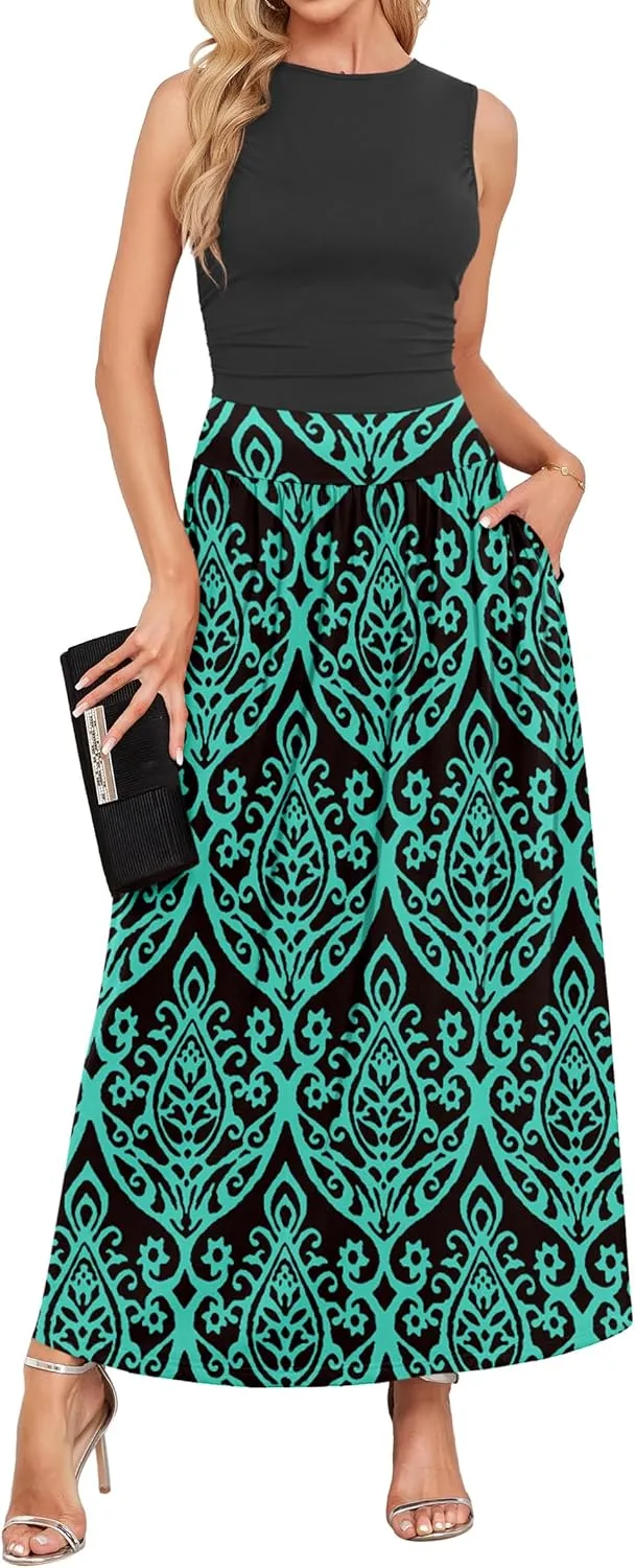 AUSELILY Womens Maxi Dress 2025 Summer Sleeveless Casual Slim Flowy Pleated Long Dresses with Pockets
