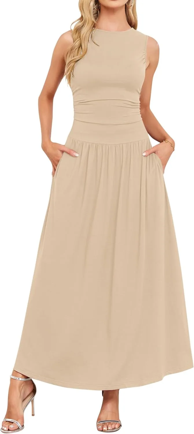 AUSELILY Womens Maxi Dress 2025 Summer Sleeveless Casual Slim Flowy Pleated Long Dresses with Pockets