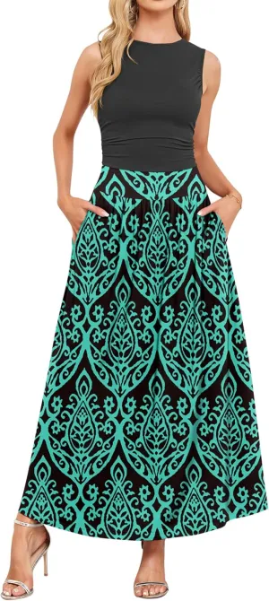 AUSELILY Womens Maxi Dress 2025 Summer Sleeveless Casual Slim Flowy Pleated Long Dresses with Pockets