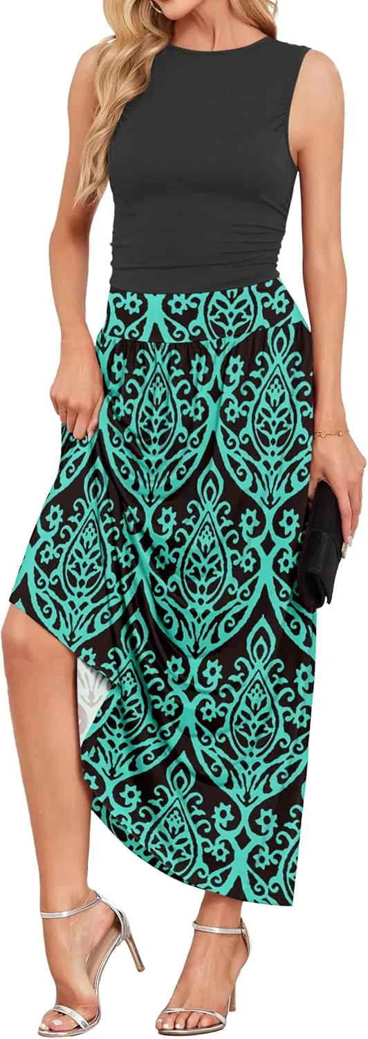 AUSELILY Womens Maxi Dress 2025 Summer Sleeveless Casual Slim Flowy Pleated Long Dresses with Pockets