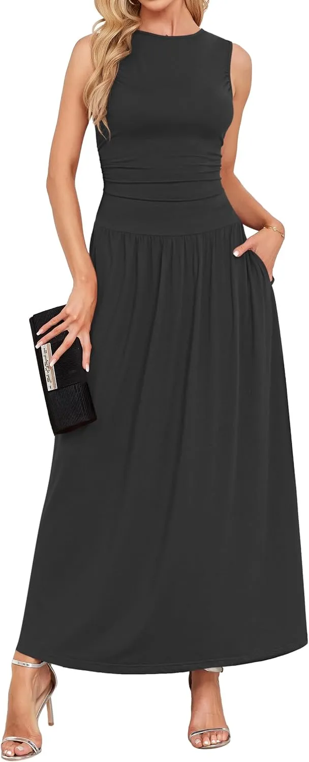 AUSELILY Womens Maxi Dress 2025 Summer Sleeveless Casual Slim Flowy Pleated Long Dresses with Pockets