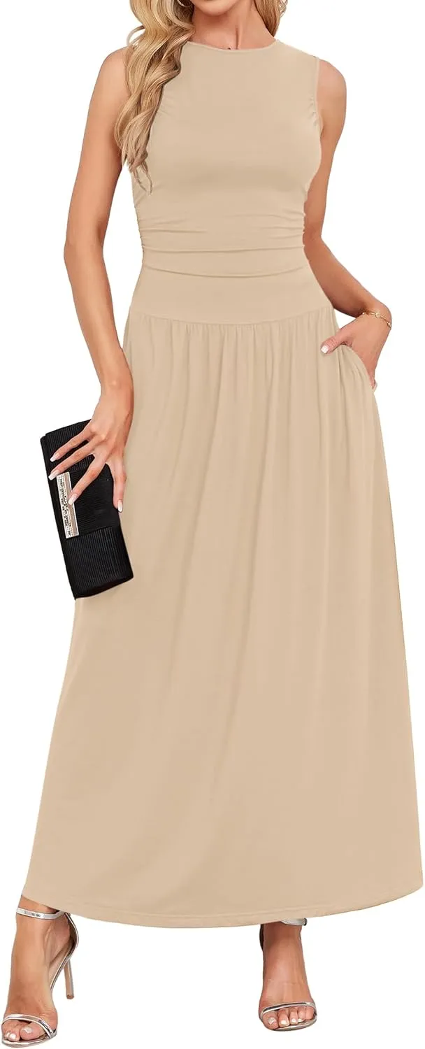 AUSELILY Womens Maxi Dress 2025 Summer Sleeveless Casual Slim Flowy Pleated Long Dresses with Pockets