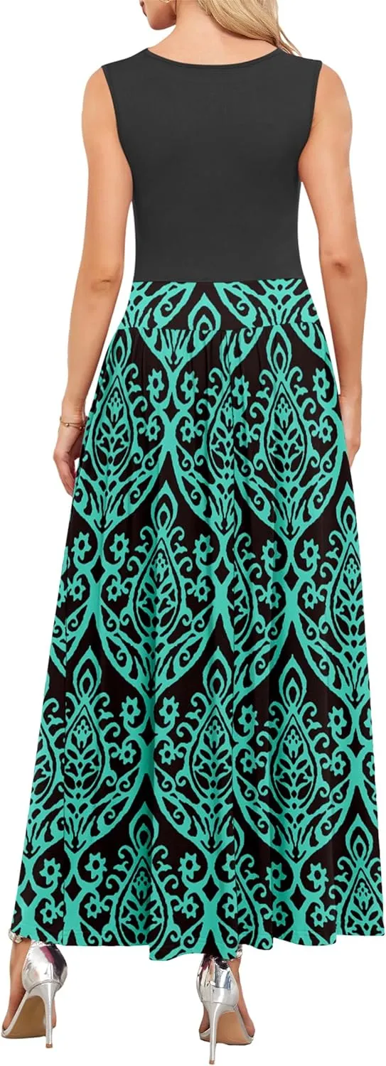 AUSELILY Womens Maxi Dress 2025 Summer Sleeveless Casual Slim Flowy Pleated Long Dresses with Pockets