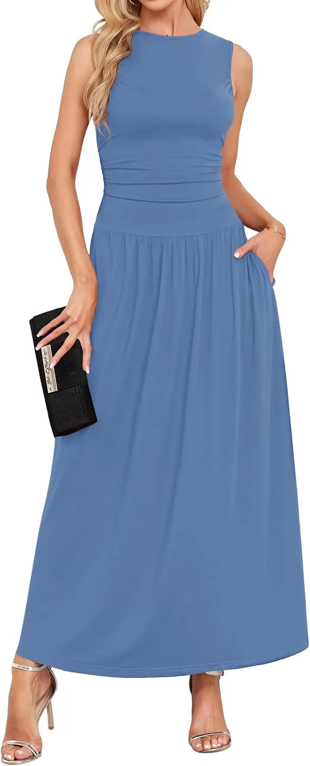 AUSELILY Womens Maxi Dress 2025 Summer Sleeveless Casual Slim Flowy Pleated Long Dresses with Pockets