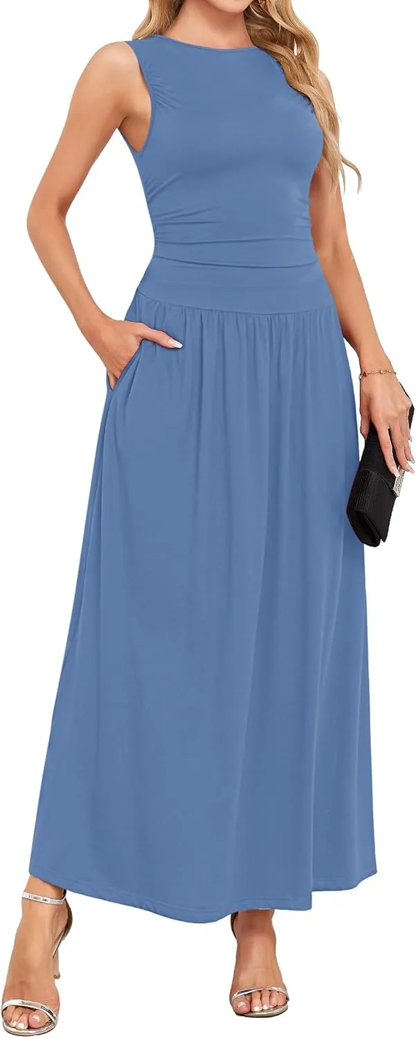 AUSELILY Womens Maxi Dress 2025 Summer Sleeveless Casual Slim Flowy Pleated Long Dresses with Pockets