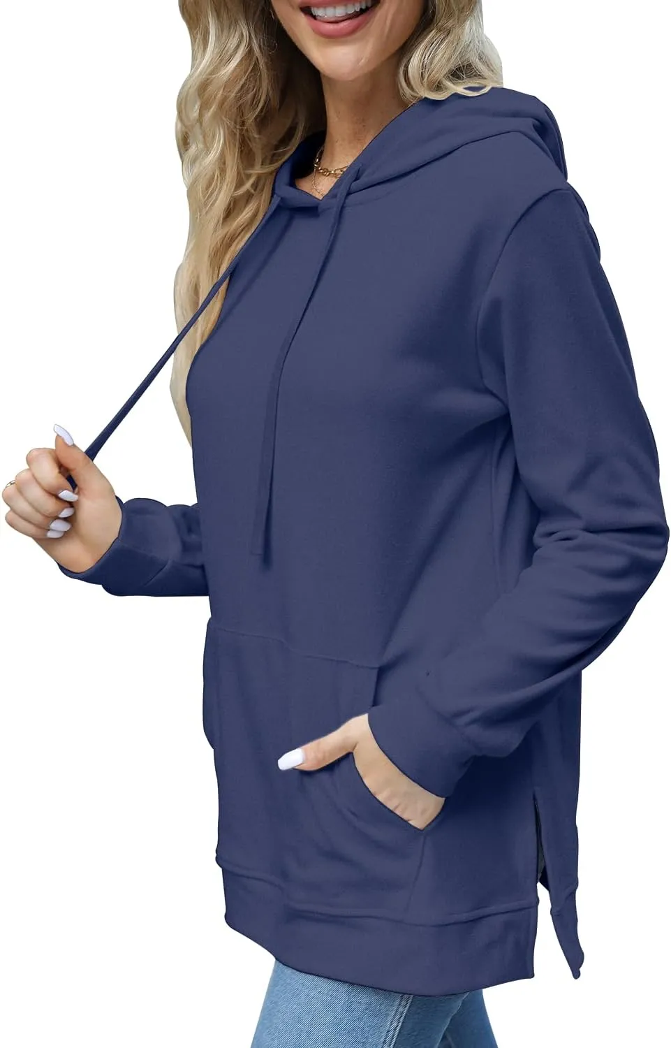 Beimuc Hoodies for Women Fashion Split Hem Drawstring Casual Long Sleeve Sweatshirts Tops with Pockets