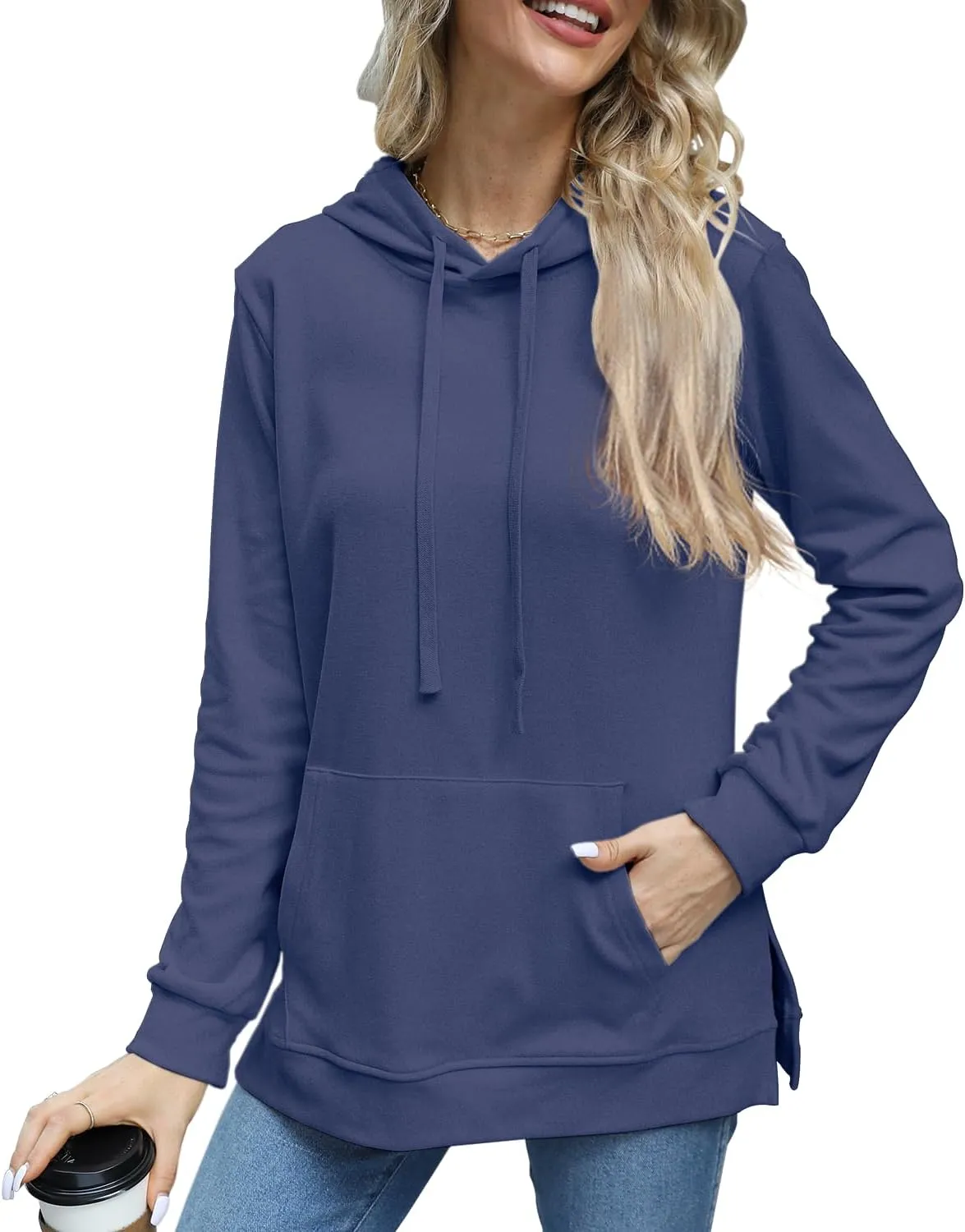 Beimuc Hoodies for Women Fashion Split Hem Drawstring Casual Long Sleeve Sweatshirts Tops with Pockets
