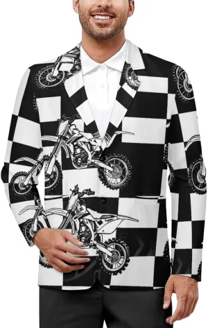 Black And White Plaid Dirt Bikes Men's Fashion Suit Jacket Slim 2 Button Blazer Casual Business Party Dress Coats