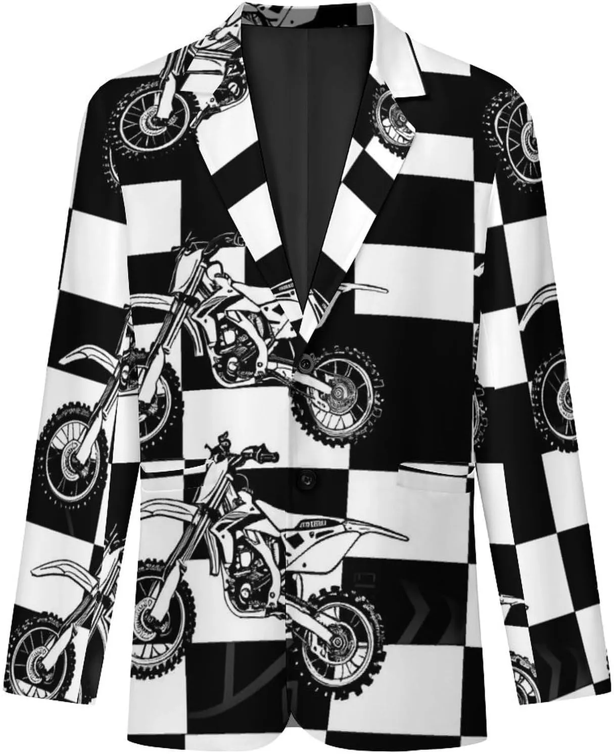 Black And White Plaid Dirt Bikes Men's Fashion Suit Jacket Slim 2 Button Blazer Casual Business Party Dress Coats