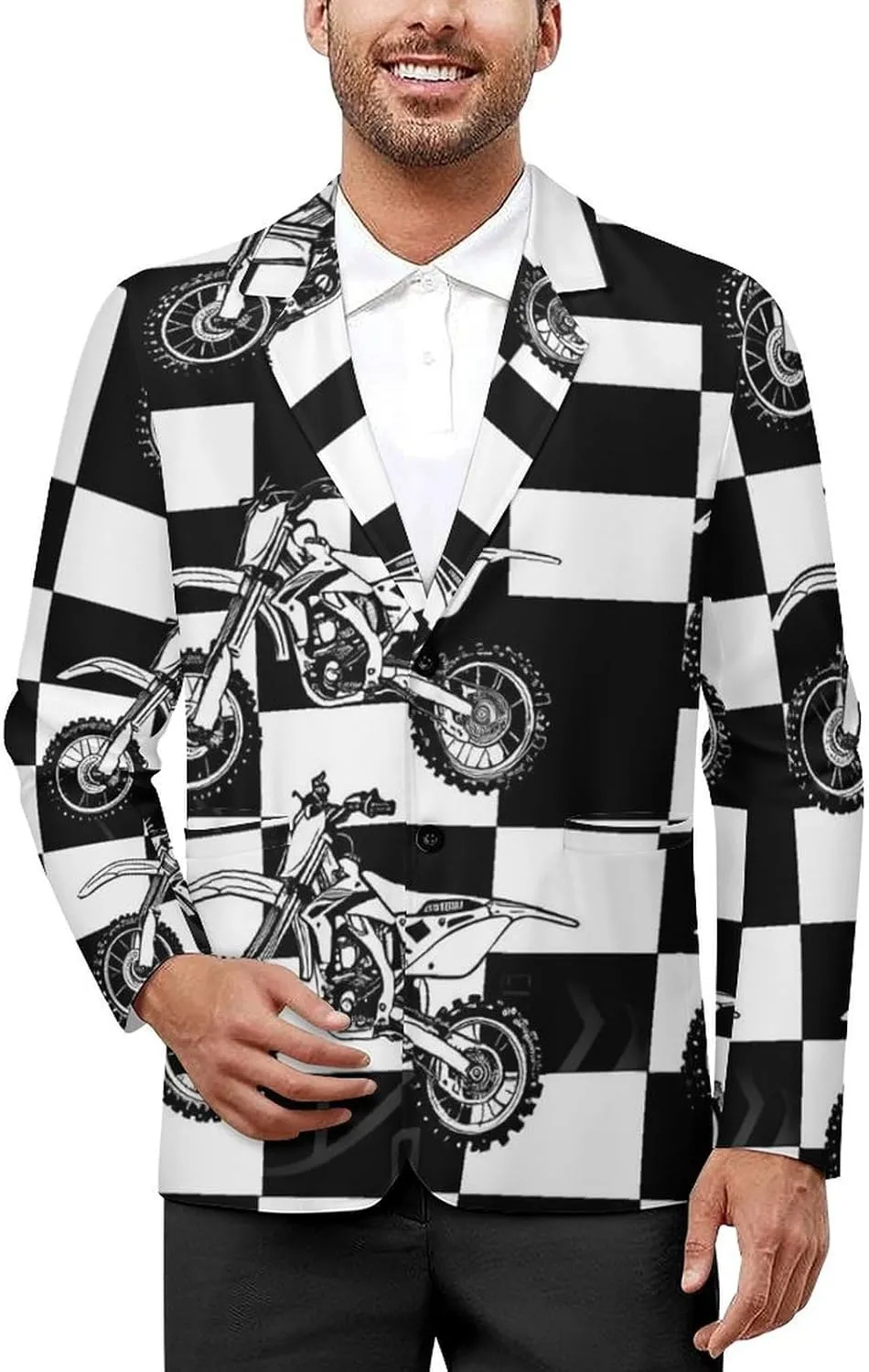 Black And White Plaid Dirt Bikes Men's Fashion Suit Jacket Slim 2 Button Blazer Casual Business Party Dress Coats