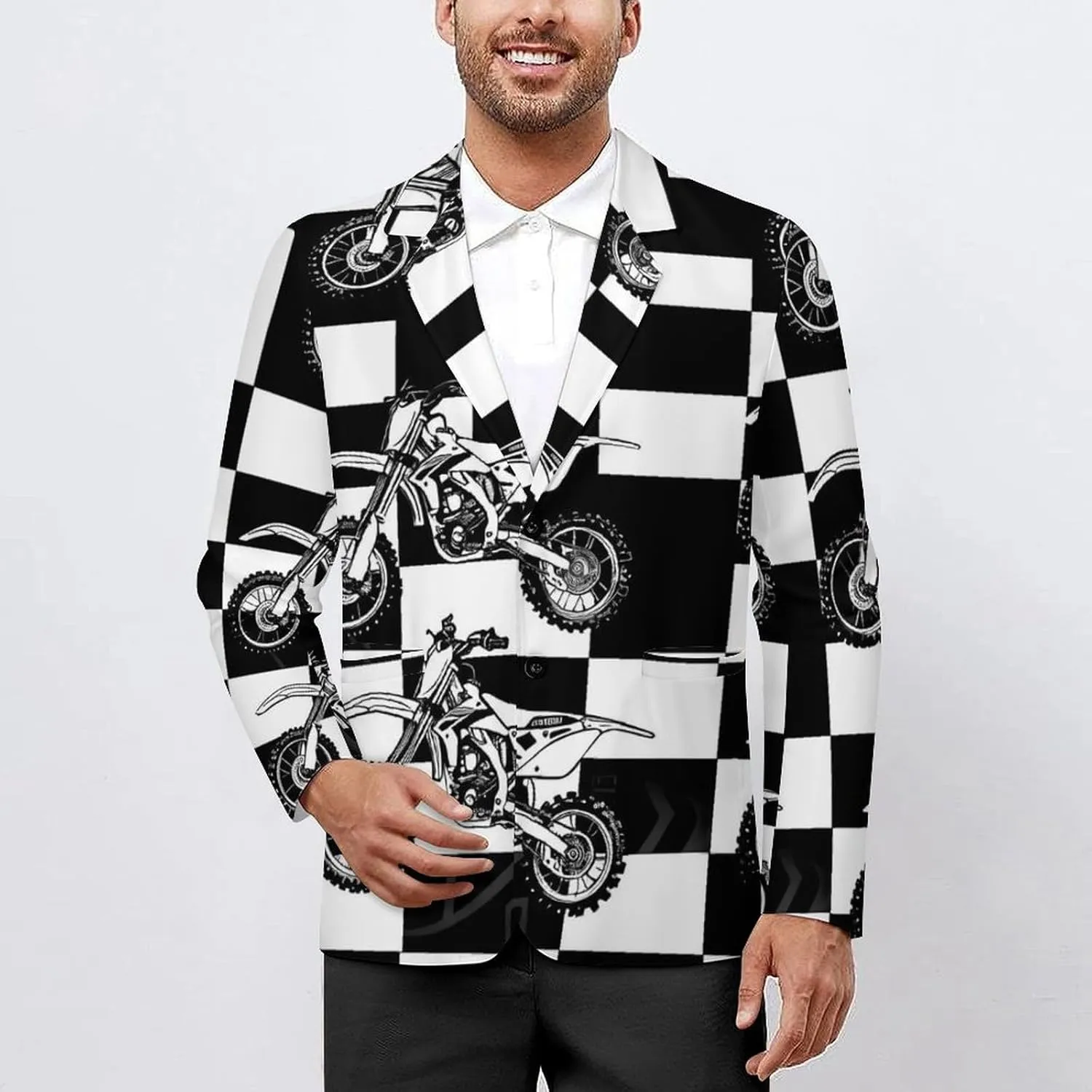 Black And White Plaid Dirt Bikes Men's Fashion Suit Jacket Slim 2 Button Blazer Casual Business Party Dress Coats