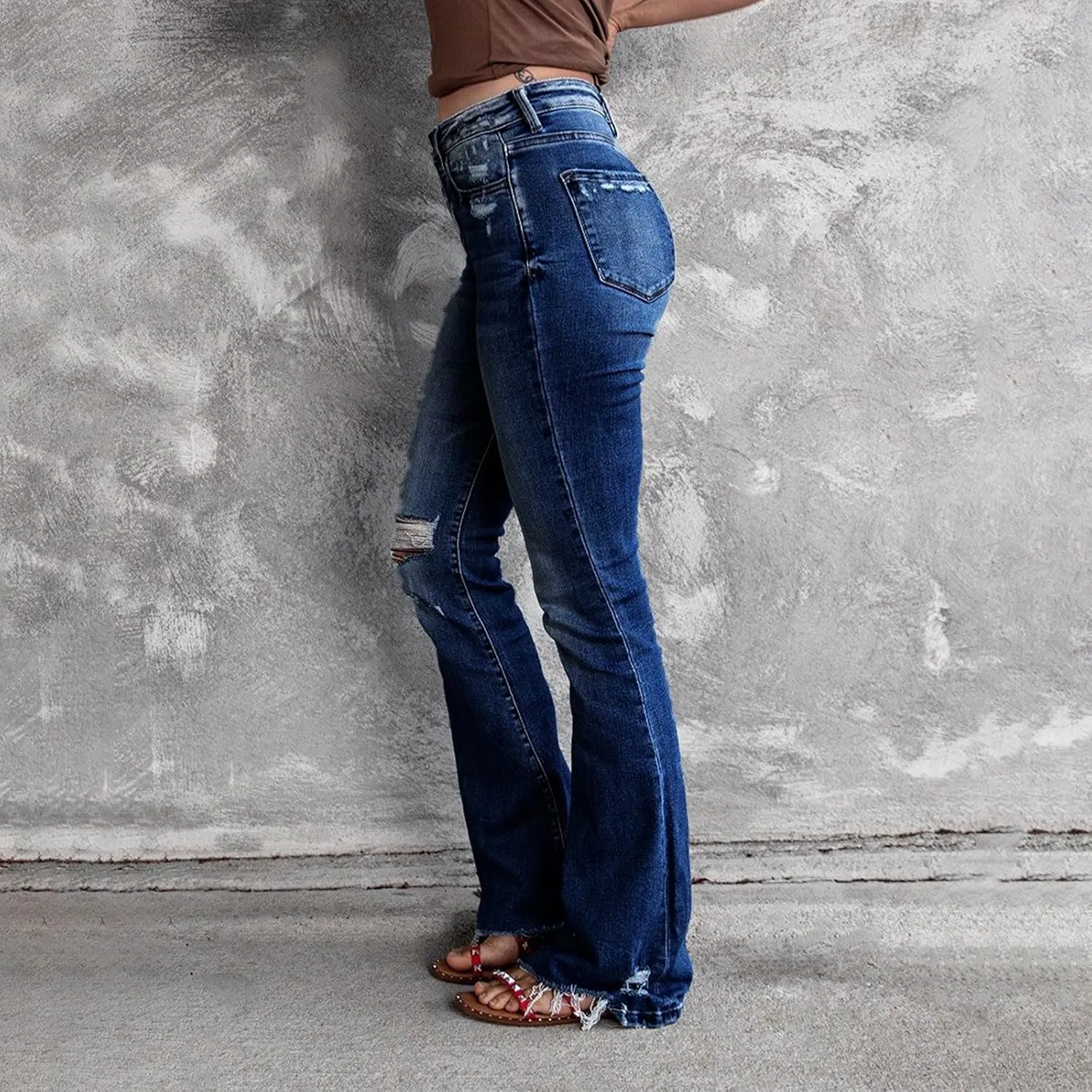 Bootcut Jeans for Women Stretchy High Waisted Ripped Skinny Raw Hem Denim Straight Leg Stretch Jeans with Pockets