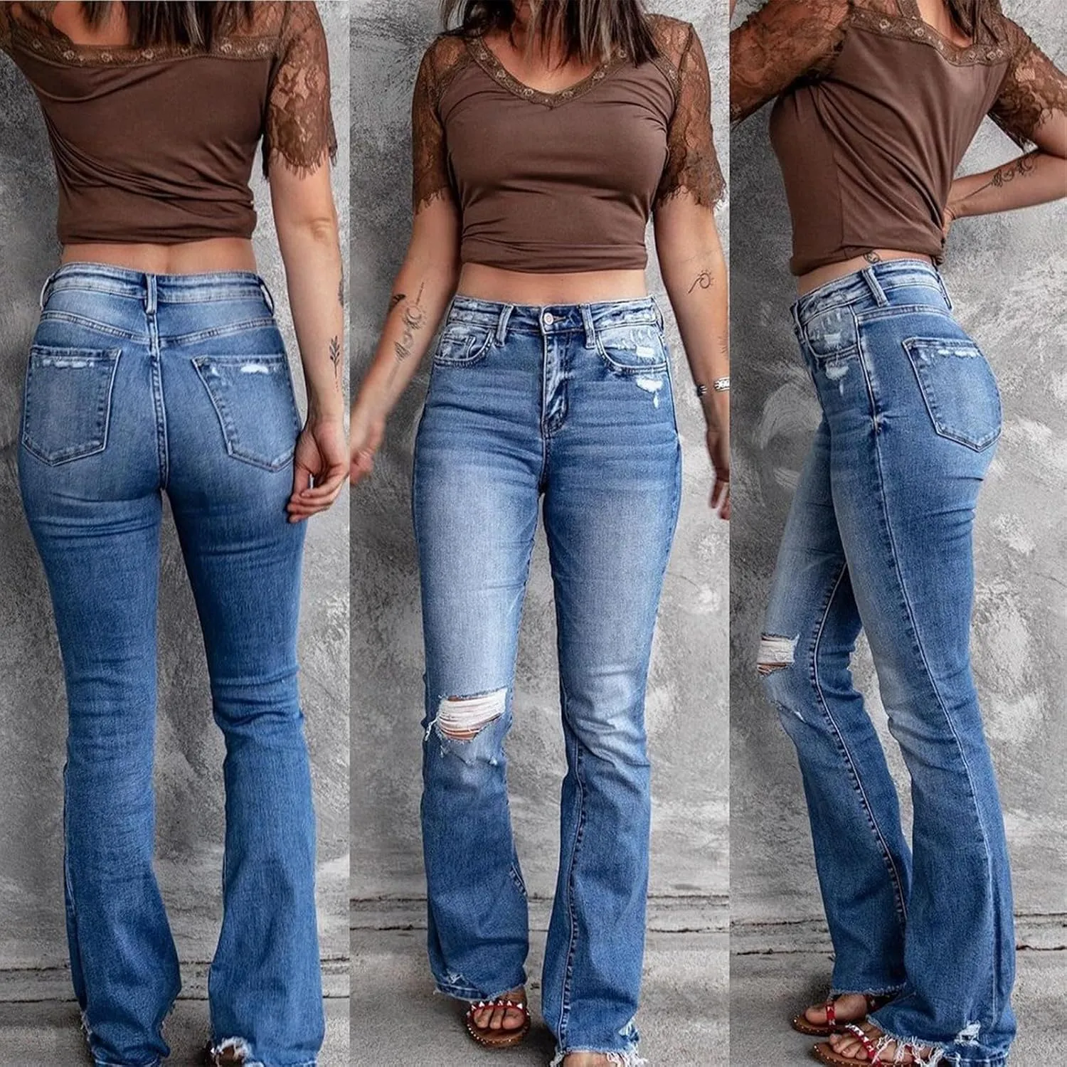 Bootcut Jeans for Women Stretchy High Waisted Ripped Skinny Raw Hem Denim Straight Leg Stretch Jeans with Pockets