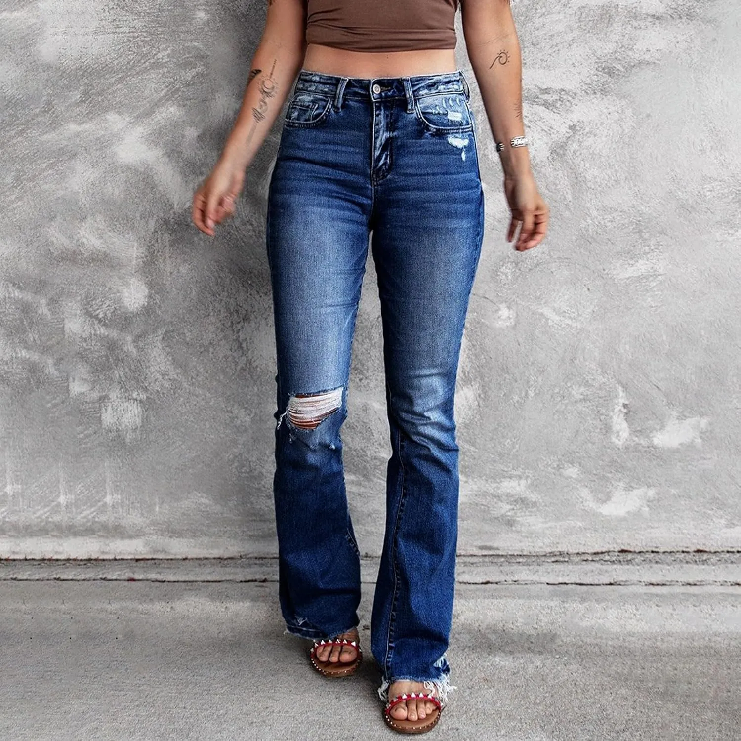 Bootcut Jeans for Women Stretchy High Waisted Ripped Skinny Raw Hem Denim Straight Leg Stretch Jeans with Pockets