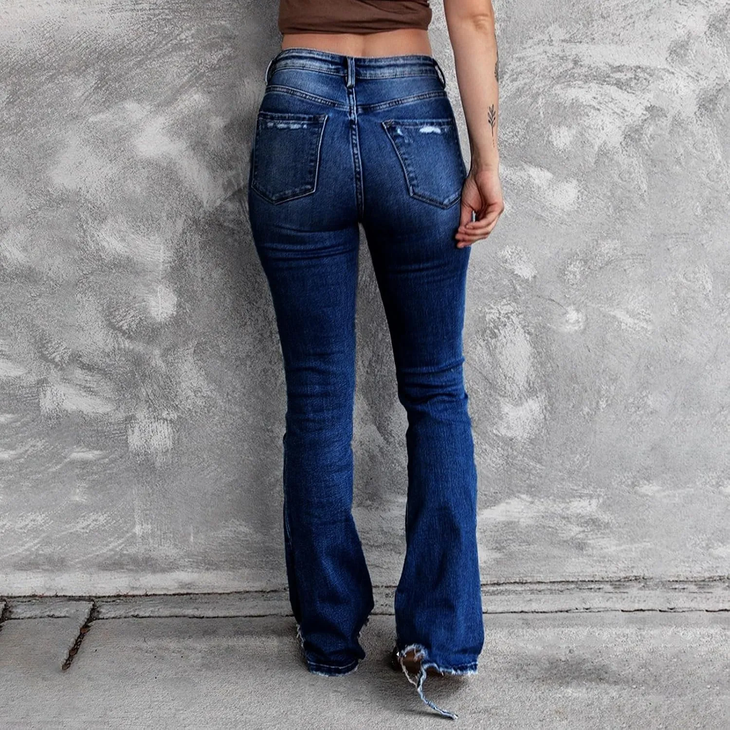 Bootcut Jeans for Women Stretchy High Waisted Ripped Skinny Raw Hem Denim Straight Leg Stretch Jeans with Pockets