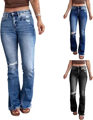 Bootcut Jeans for Women Stretchy High Waisted Ripped Skinny Raw Hem Denim Straight Leg Stretch Jeans with Pockets