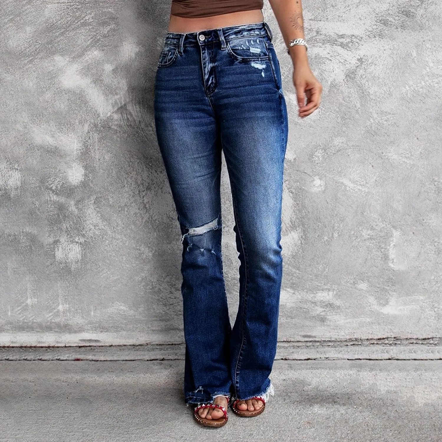 Bootcut Jeans for Women Stretchy High Waisted Ripped Skinny Raw Hem Denim Straight Leg Stretch Jeans with Pockets