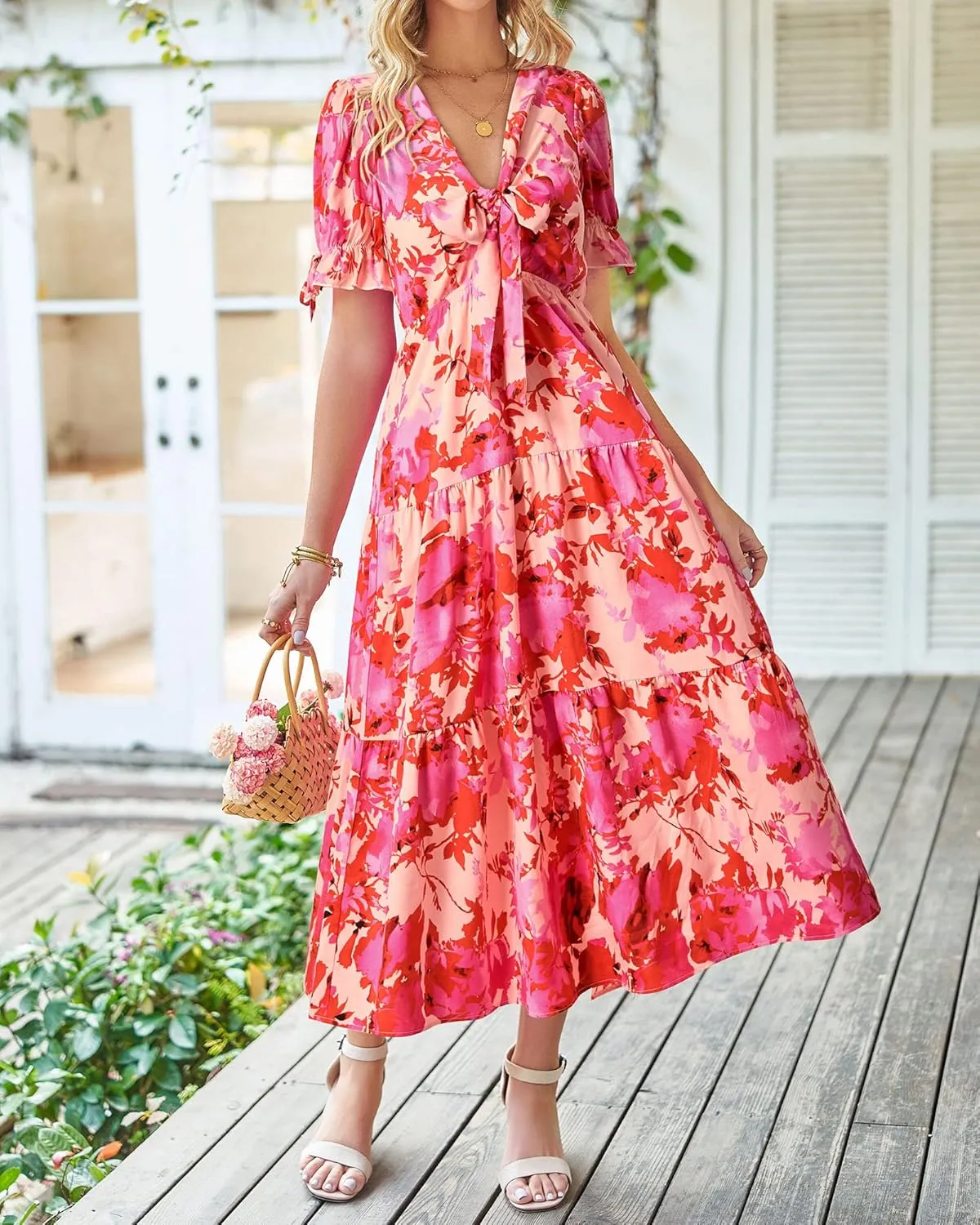 BTFBM 2025 Womens Summer Boho Dress Tie Front Deep V Neck Cutout Short Sleeve Casual Party Floral Beach Maxi Dresses