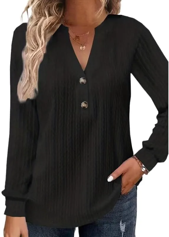 Button Down Shirt for Women Long Sleeve V Neck Henley Shirt Womens Spring Fashion 2025 Solid Color Loose Casual Blouse