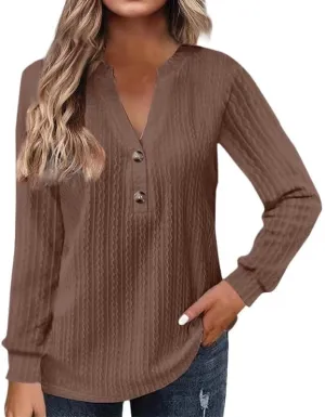 Button Down Shirt for Women Long Sleeve V Neck Henley Shirt Womens Spring Fashion 2025 Solid Color Loose Casual Blouse