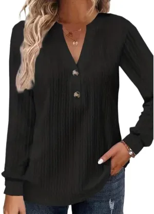 Button Down Shirt for Women Long Sleeve V Neck Henley Shirt Womens Spring Fashion 2025 Solid Color Loose Casual Blouse