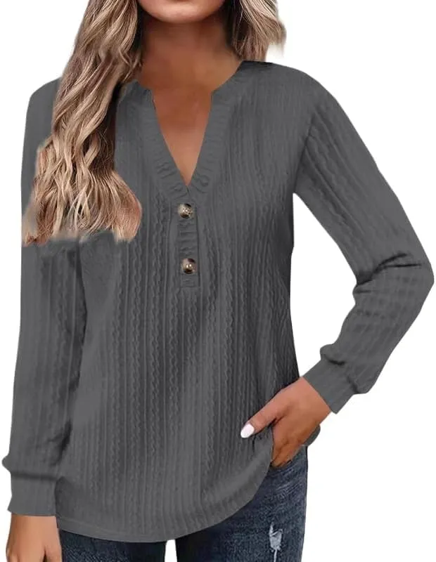 Button Down Shirt for Women Long Sleeve V Neck Henley Shirt Womens Spring Fashion 2025 Solid Color Loose Casual Blouse