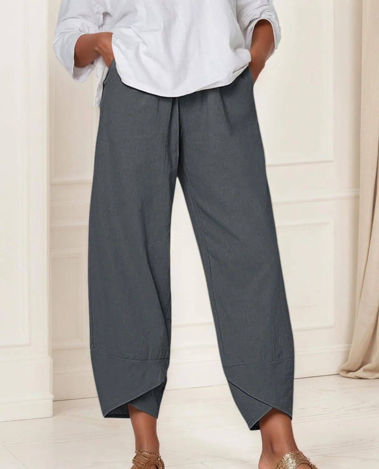 Capris Pants for Women Cotton Linen Baggy Wide Leg Pants Casual Elastic Waisted Palazzo Plus Size Pants with Pockets