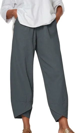 Capris Pants for Women Cotton Linen Baggy Wide Leg Pants Casual Elastic Waisted Palazzo Plus Size Pants with Pockets