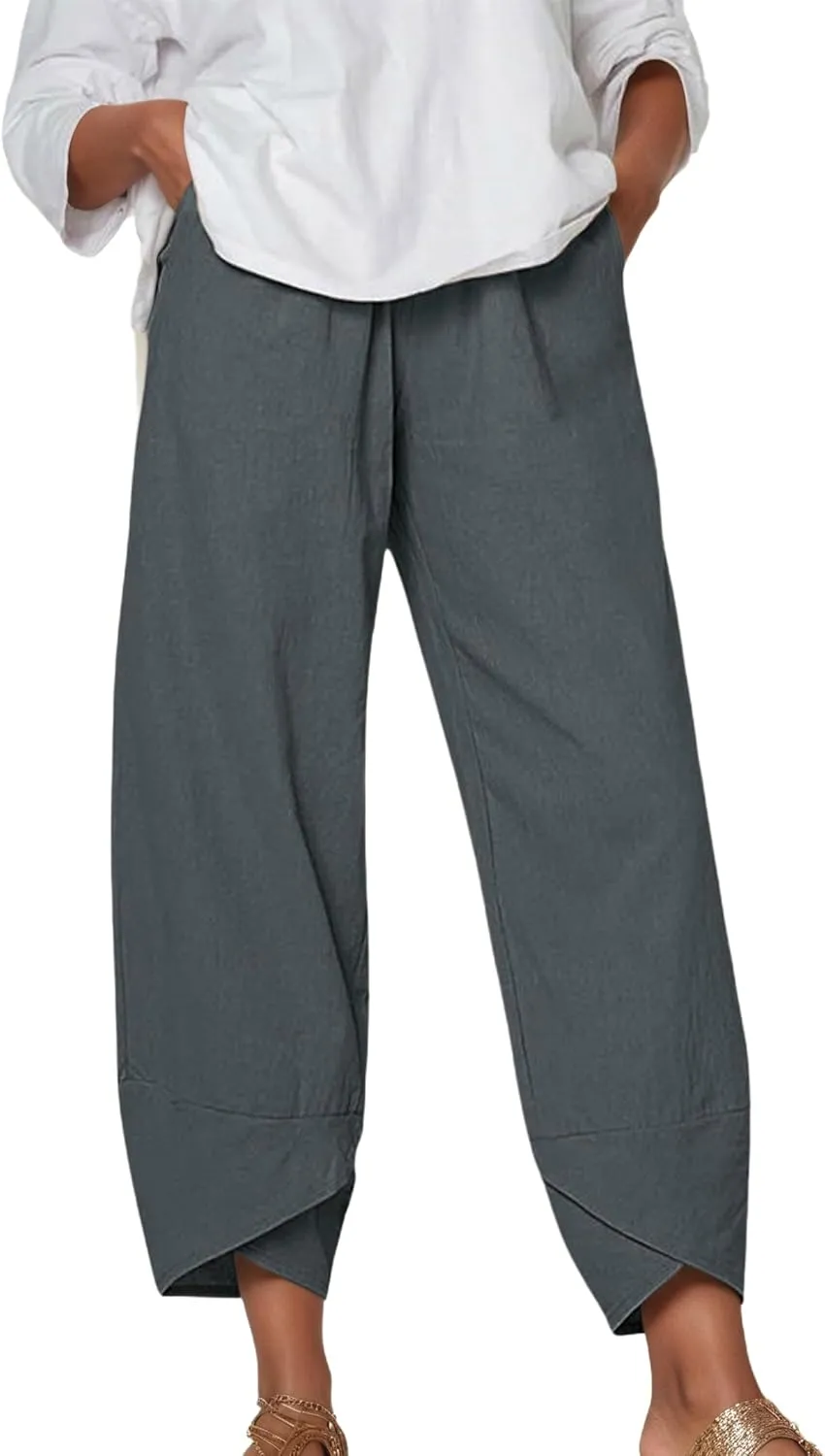 Capris Pants for Women Cotton Linen Baggy Wide Leg Pants Casual Elastic Waisted Palazzo Plus Size Pants with Pockets