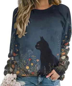 Cat Sweatshirts for Women Funny Long Sleeve Cute Cat Tee Shirts Graphic Womens Crew Neck Sweatshirt Pullover Tops