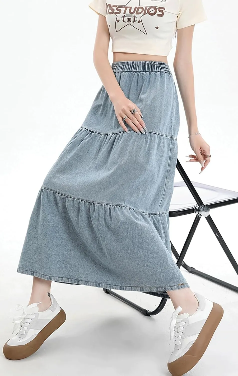 chouyatou Women Elastic High Waist Tiered Denim Skirt Pleated A Line Flared Long Maxi Jean Skirt