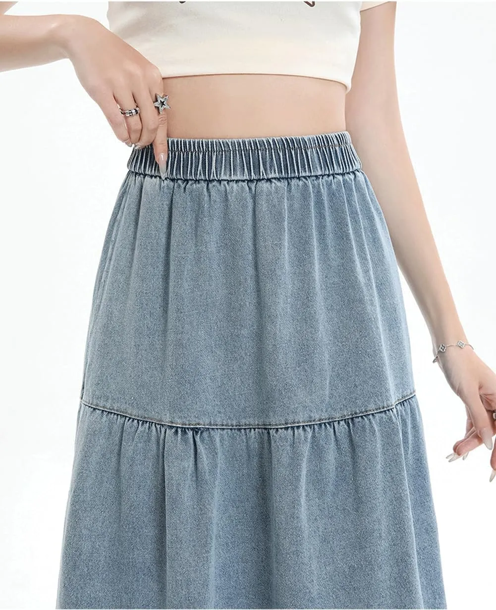 chouyatou Women Elastic High Waist Tiered Denim Skirt Pleated A Line Flared Long Maxi Jean Skirt