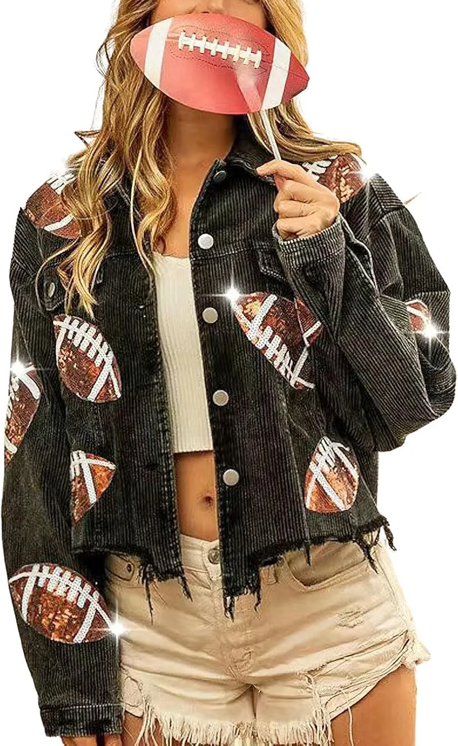 chouyatou Women Fall Sequin Rugby Distressed Corduroy Jacket Lightweight Frayed Oversized Denim Jacket