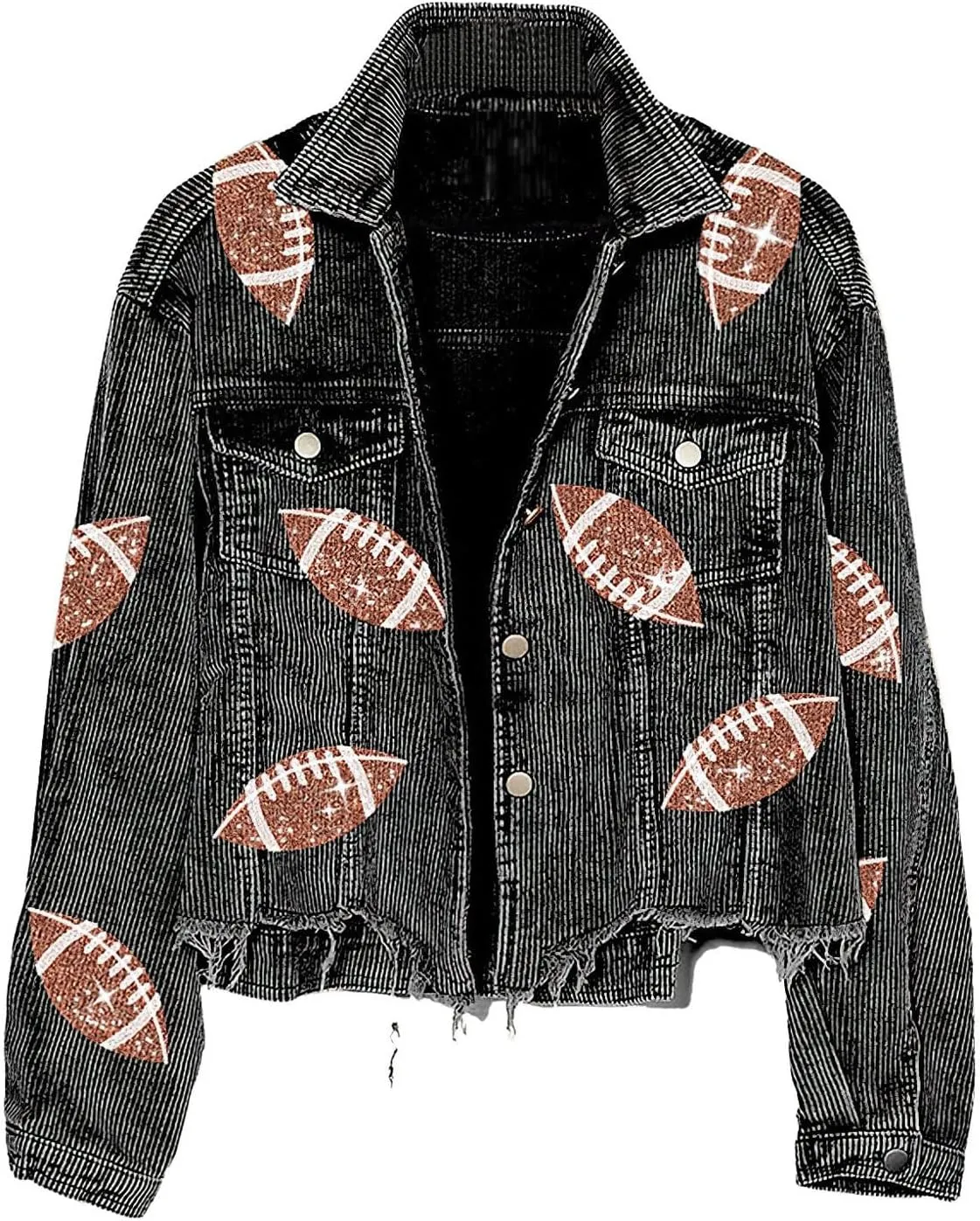 chouyatou Women Fall Sequin Rugby Distressed Corduroy Jacket Lightweight Frayed Oversized Denim Jacket