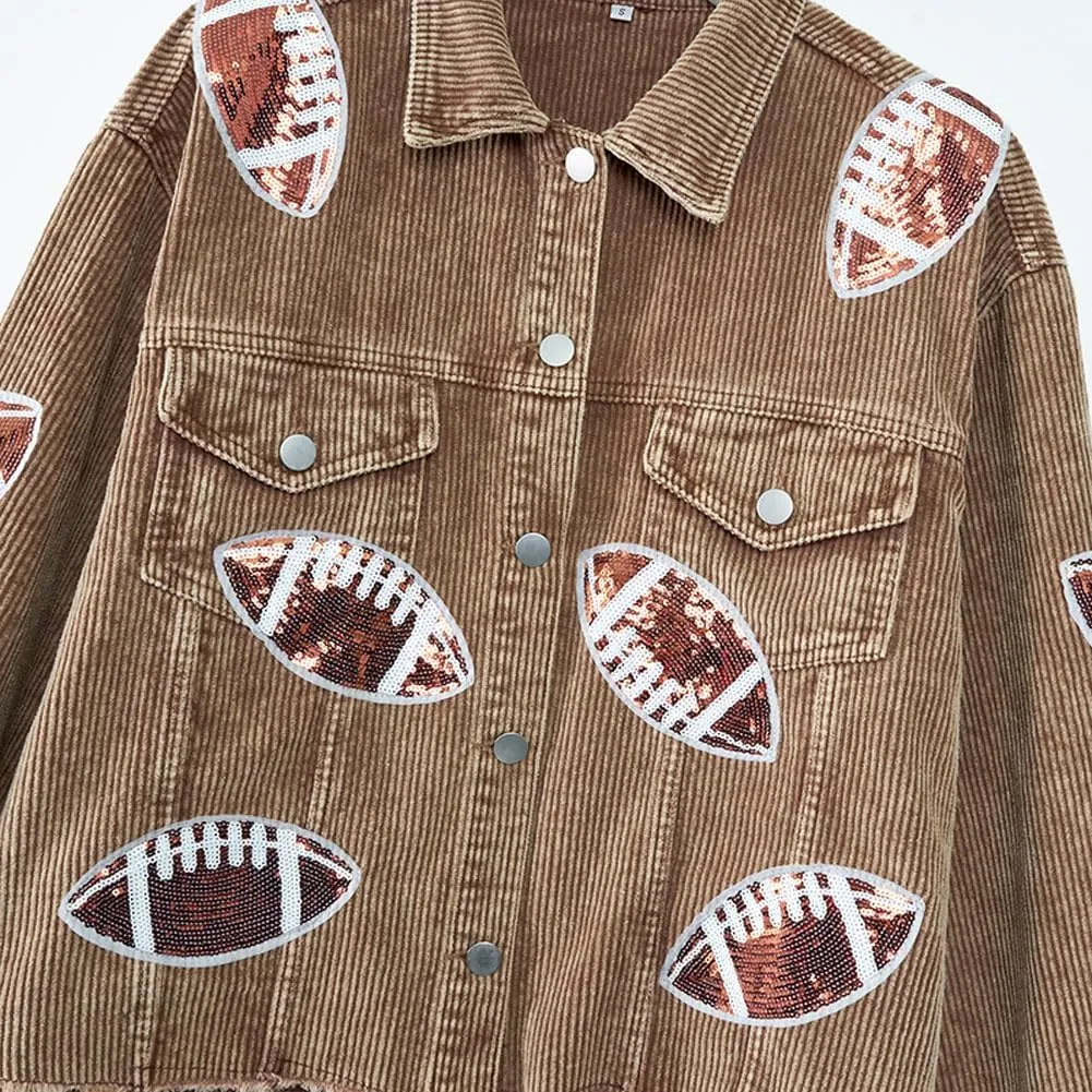 chouyatou Women Fall Sequin Rugby Distressed Corduroy Jacket Lightweight Frayed Oversized Denim Jacket