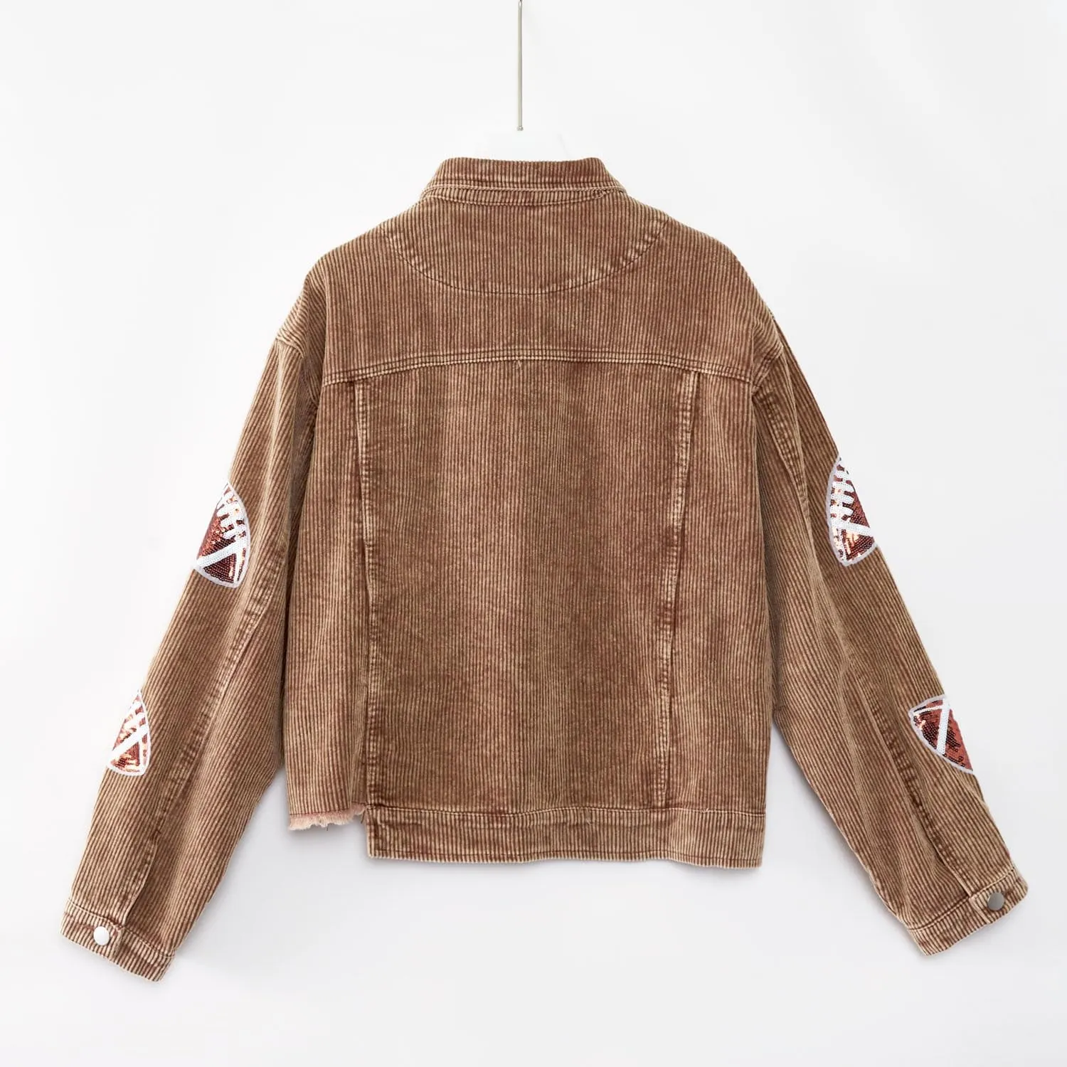 chouyatou Women Fall Sequin Rugby Distressed Corduroy Jacket Lightweight Frayed Oversized Denim Jacket