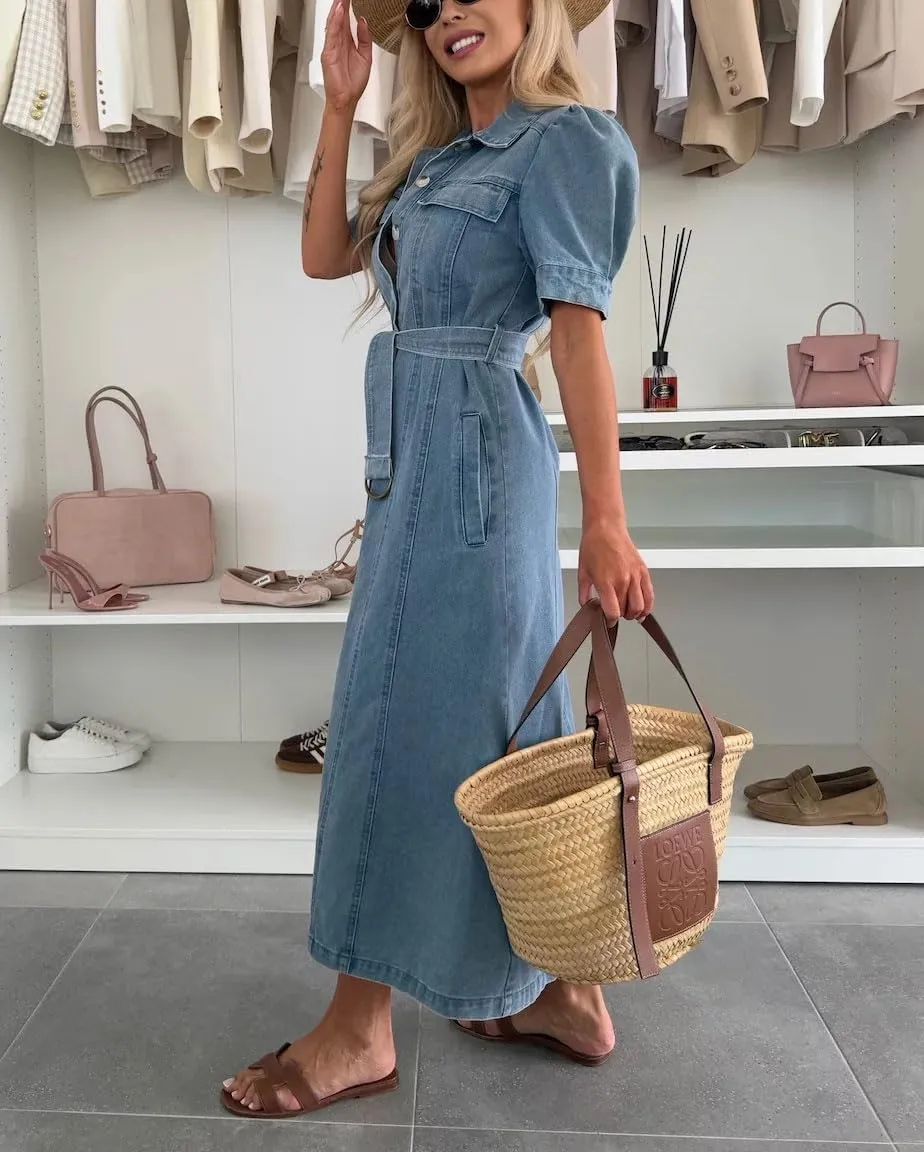 chouyatou Women's Denim Puff Short Sleeve Shirt Dress Button Down Lapel Belted Jean Midi Long Dress with Pockets